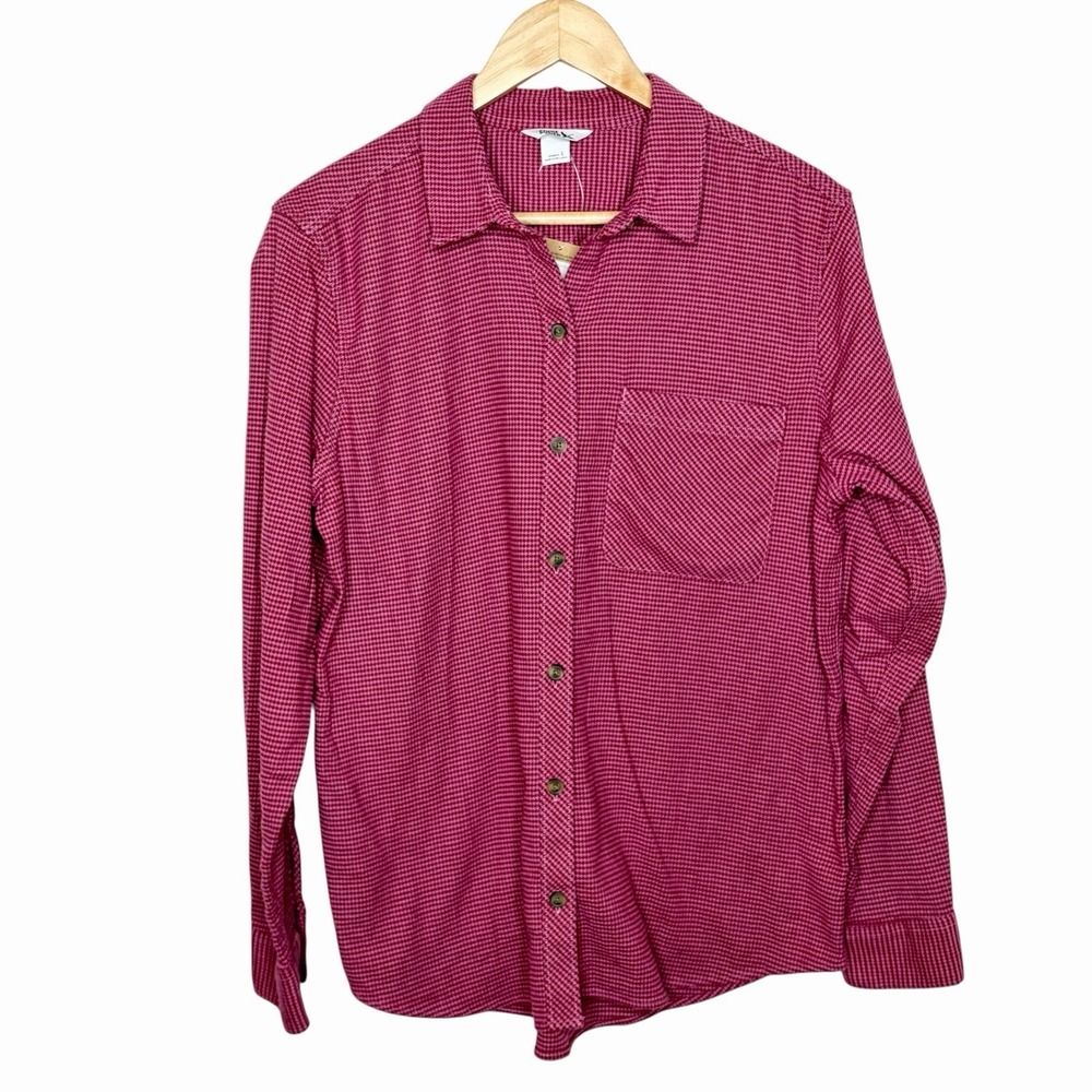 Eddie Bauer Field Flex Flannel Shirt Houndstooth Womens Size L Granola Stretch